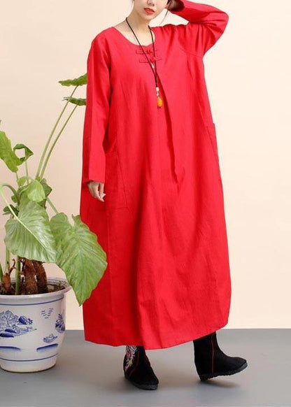 Unique Red Tunics O Neck Pockets Robe Spring Dresses