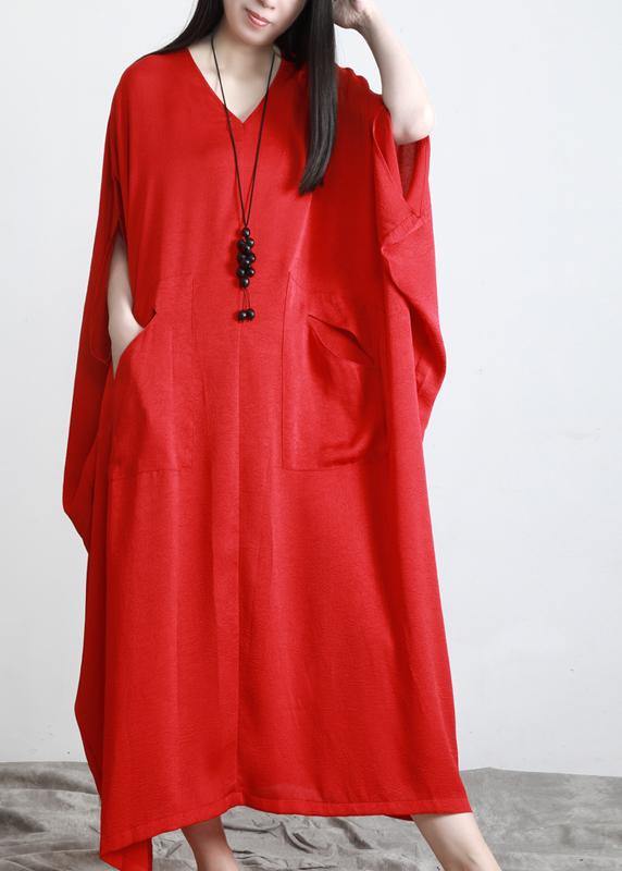 Unique Red Asymmetrical Design Batwing Sleeve Summer Chiffon Dress