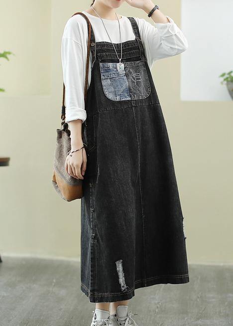 Unique Slash Neck Hole Long Dress Sewing Denim Black Dress