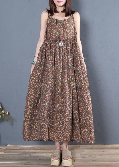 Unique Spaghetti Strap Cinched Cotton Summer Dresses Pattern Chocolate Print Maxi Dress