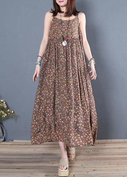 Unique Spaghetti Strap Cinched Cotton Summer Dresses Pattern Chocolate Print Maxi Dress