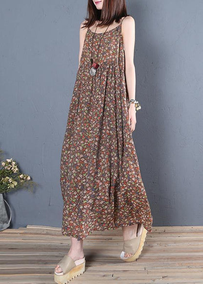 Unique Spaghetti Strap Cinched Cotton Summer Dresses Pattern Chocolate Print Maxi Dress