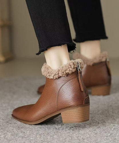Unique Splicing Chunky Boots Black Sheepskin Fuzzy Wool Lined