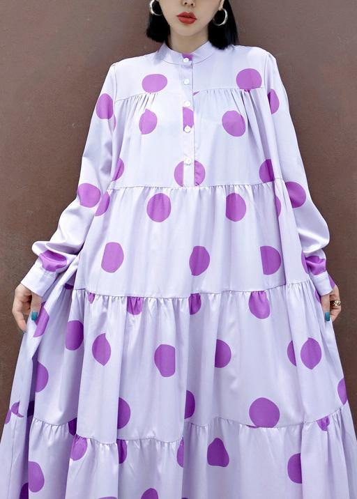 Unique Stand Collar Cinched Spring Outfit Photography Purple Dotted Loose Dresses