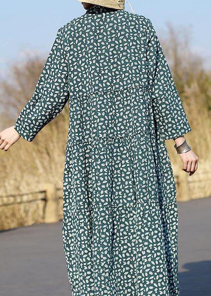 Unique Stand Collar Patchwork Spring Tunics Lnspiration Green Print Maxi Dresses