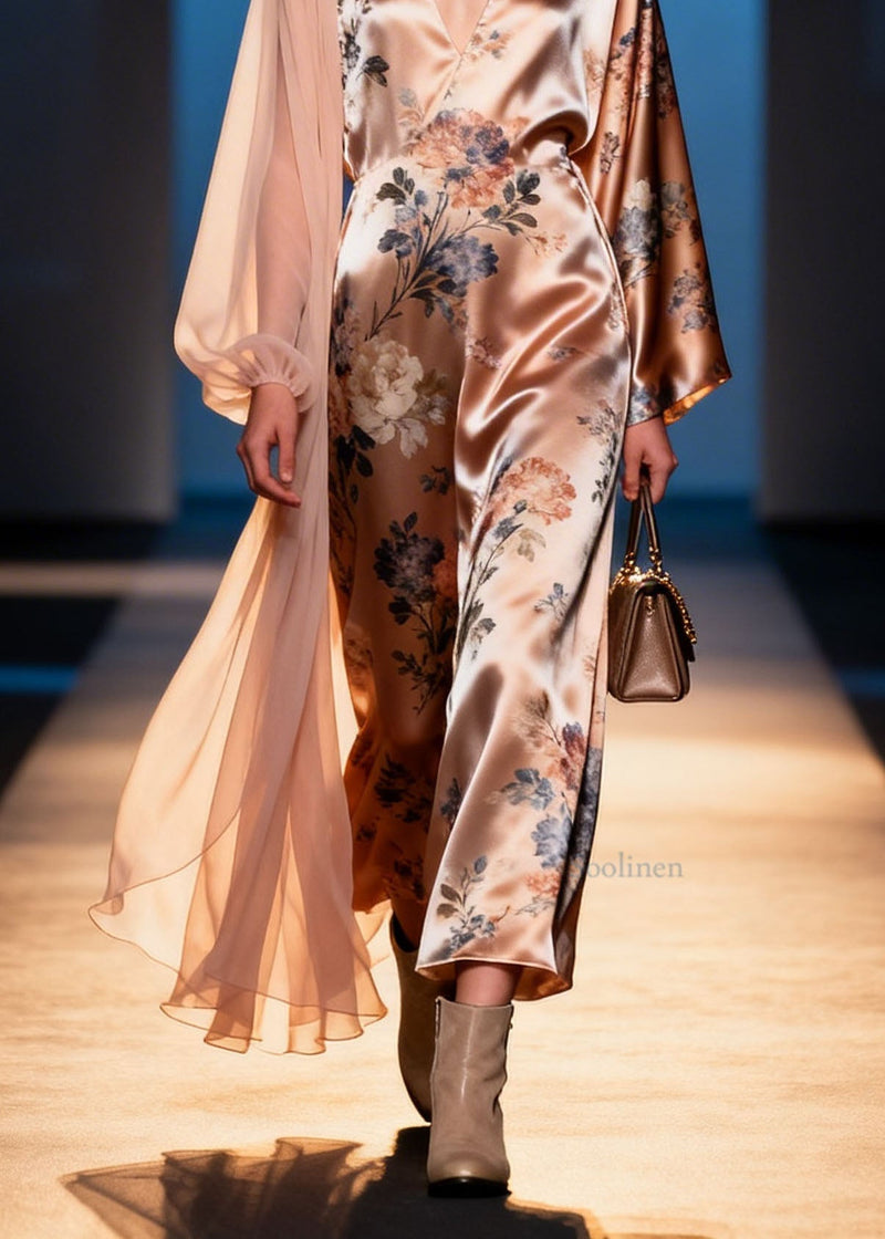 Unique V Neck Print Patchwork Silk Maxi Dresses Spring