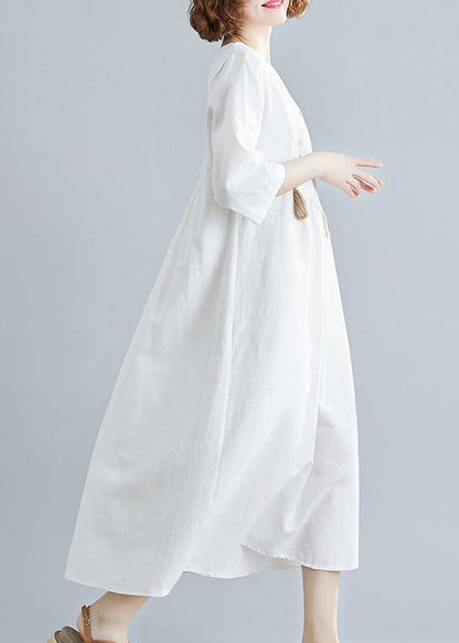 Unique V Neck Tassel Spring White Loose Linen Dress