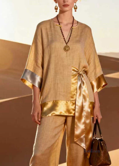 Unique V Neck Top and Pants Patchwork Linen Silk Two Pieces Set Spring