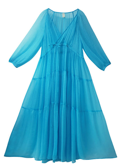 Unique Water Blue Patchwork Wrinkled Chiffon Maxi Dresses Long Sleeve