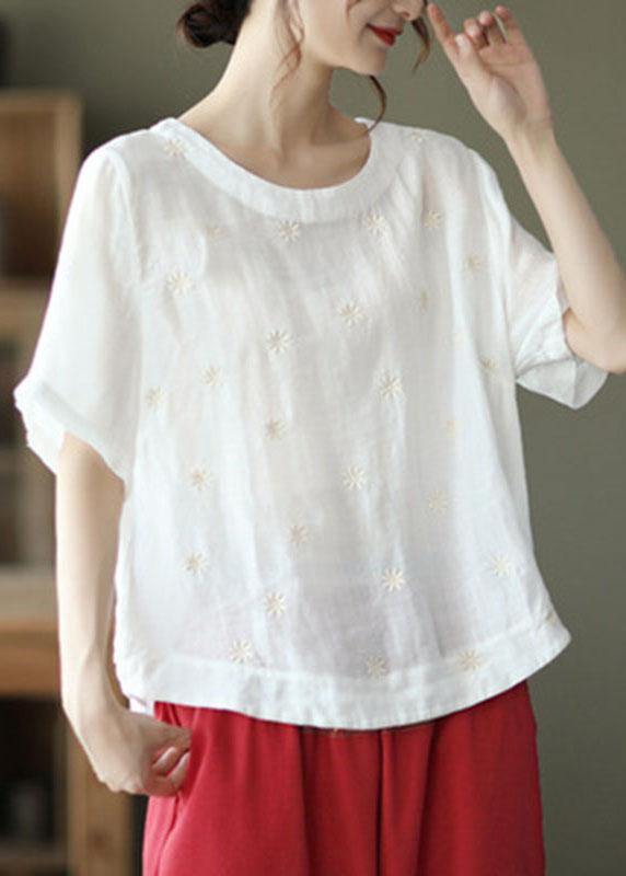 Unique Green Cashew Nuts O-neck Embroidered Summer Ramie Shirt Half Sleeve
