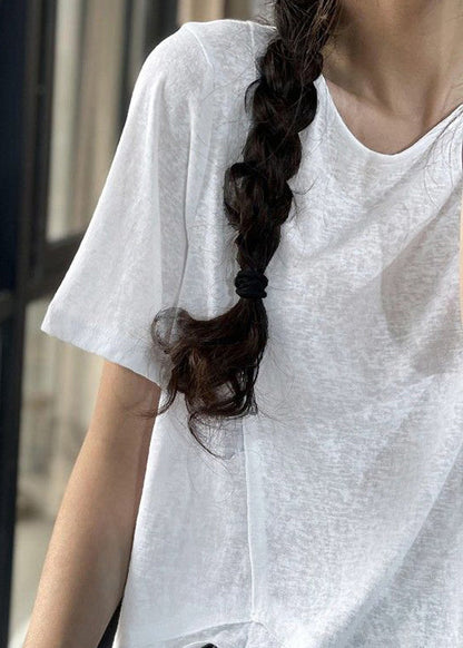 Unique White O-neck Asymmetrical Design Cotton Top Short Sleeve
