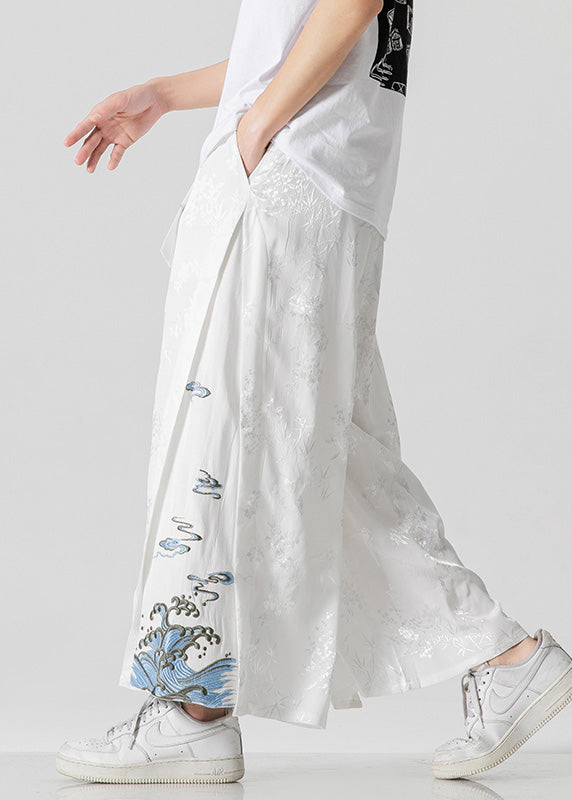 Unique White Oriental Embroideried Pockets Silk Pants Summer
