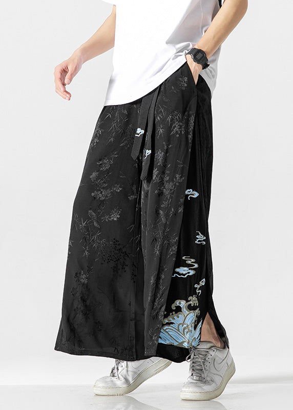 Unique White Oriental Embroideried Pockets Silk Pants Summer