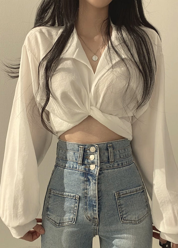 Unique White Peter Pan Collar Solid Shirts Lantern Sleeve