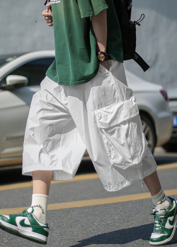 Unique White Pockets Patchwork Elastic Waist Wide Leg Pants