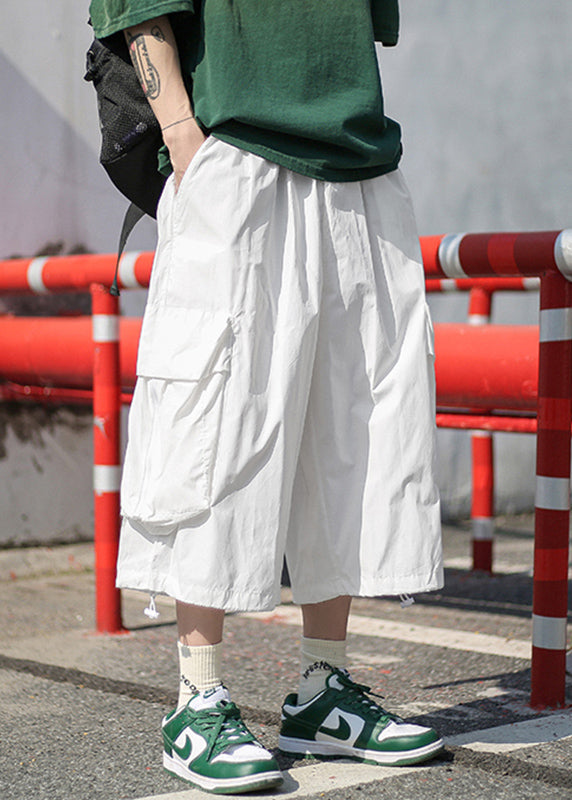Unique White Pockets Patchwork Elastic Waist Wide Leg Pants