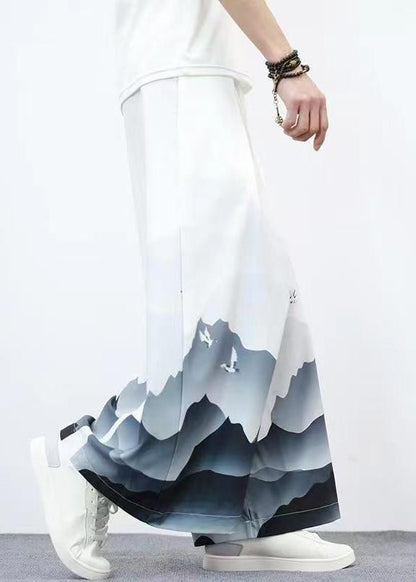 Unique White Pockets Print Ice Silk Wide Leg Pants Summer