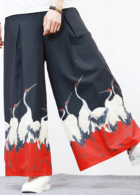 Unique White Pockets Print Ice Silk Wide Leg Pants Summer