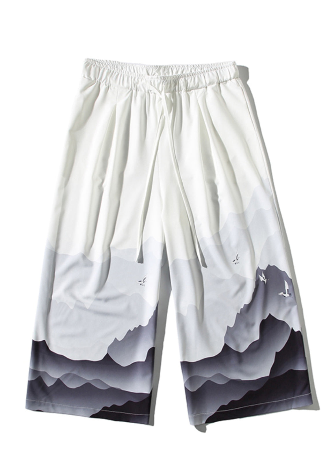 Unique White Pockets Print Ice Silk Wide Leg Pants Summer
