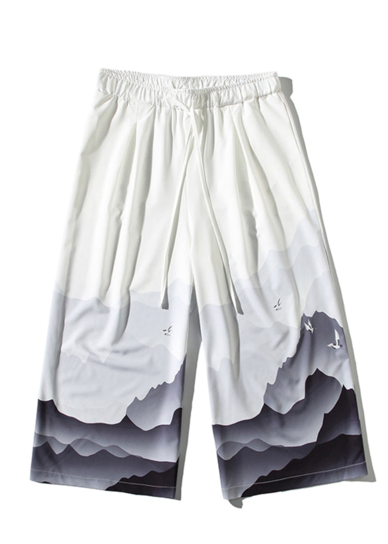 Unique White Pockets Print Ice Silk Wide Leg Pants Summer