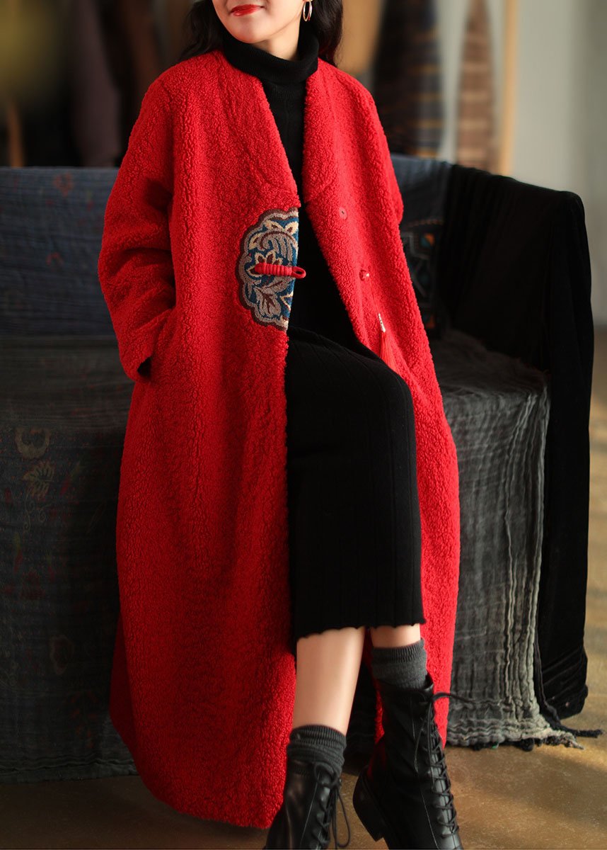 Red Embroideried Patchwork Winter Thick Coats Wool Jackets