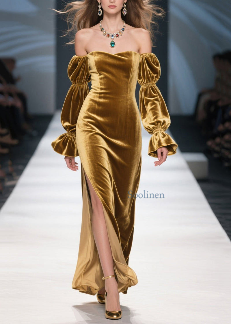 Unique Yellow Cold Shoulder Side Open Patchwork Velvet Dress Spring