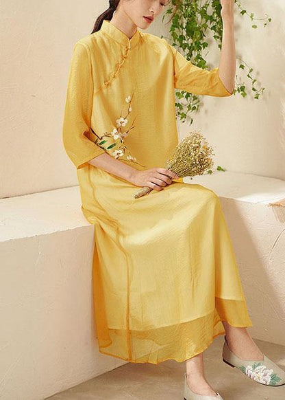 Unique Yellow Mandarin Collar Print Summer Dresses