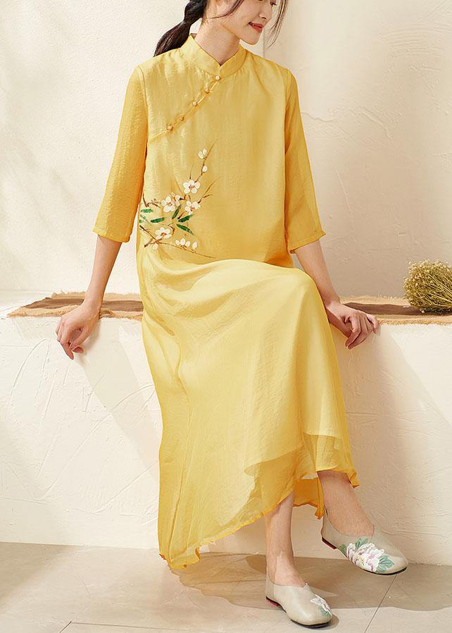 Unique Yellow Mandarin Collar Print Summer Dresses