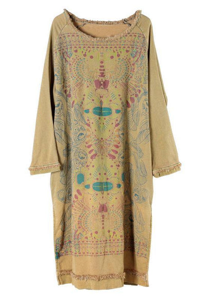 Unique Yellow O-neck Side Open Cotton Fall Dress Street Wear