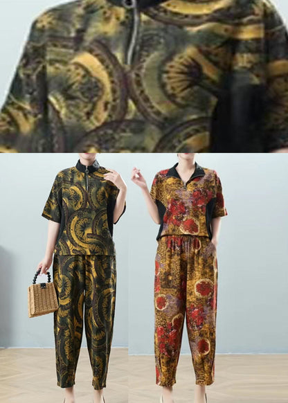 Unique Yellow Stand Collar Zippered Patchwork Shirt and Harem Pants Two Pieces Set Summer
