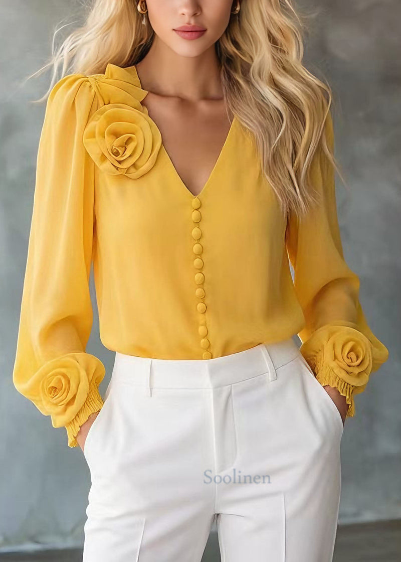 Unique Yellow V Neck Chiffon Shirt Tops Spring