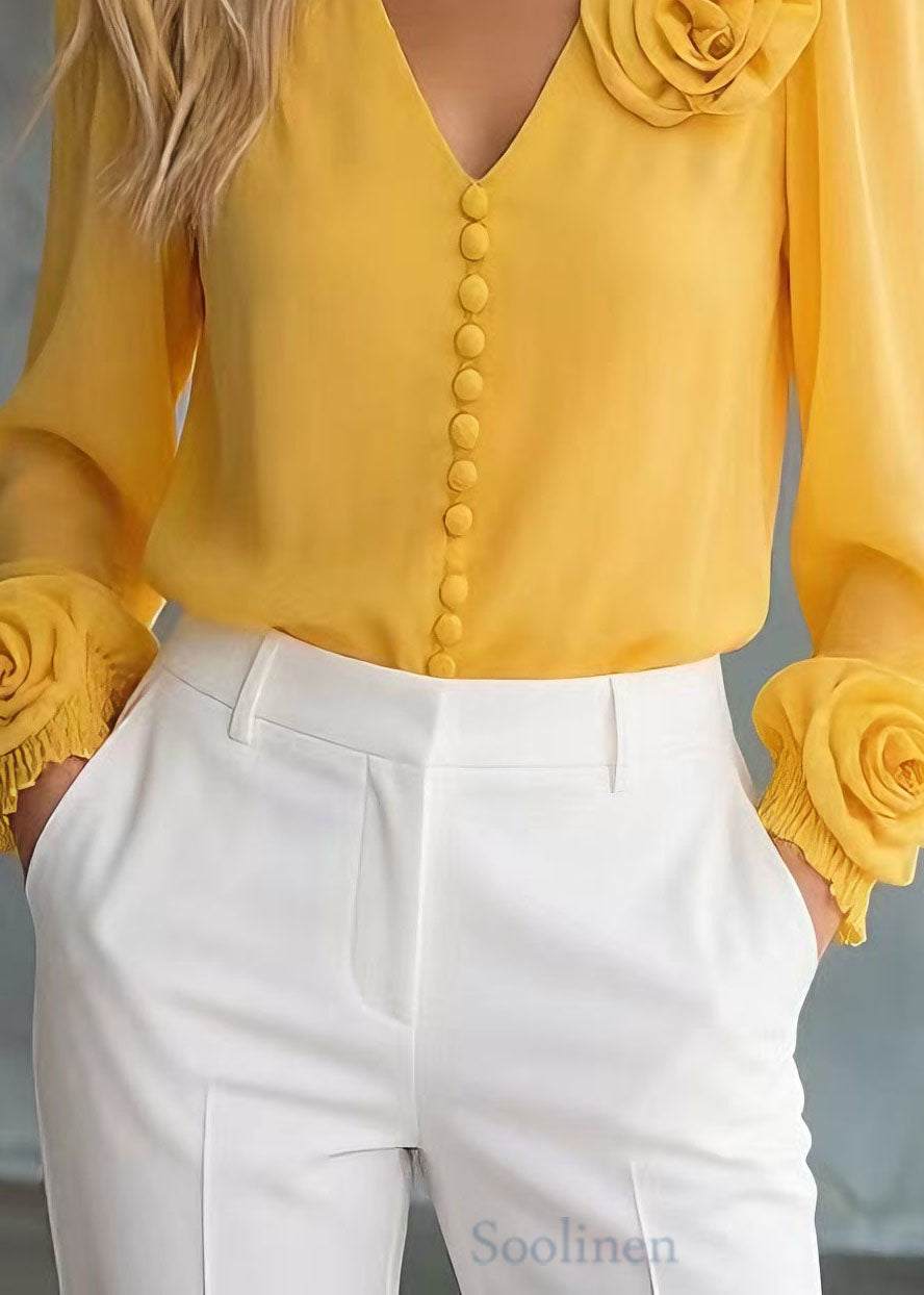 Unique Yellow V Neck Floral Chiffon Shirt Tops Spring