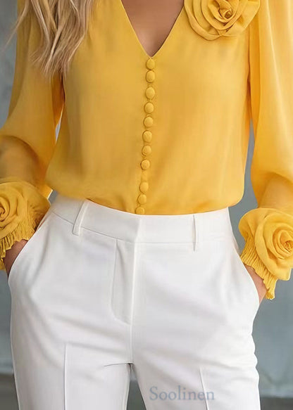 Unique Yellow V Neck Floral Chiffon Shirt Tops Spring