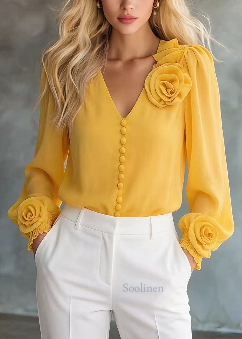 Unique Yellow V Neck Chiffon Shirt Tops Spring