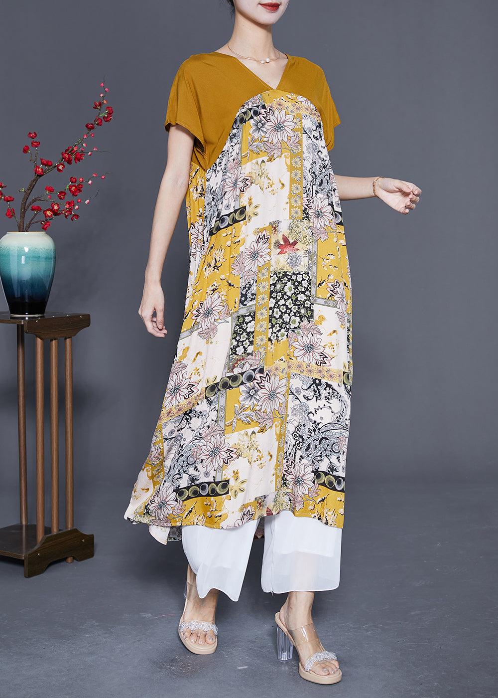 Unique Yellow V Neck Patchwork Print Chiffon a Line Dress Summer