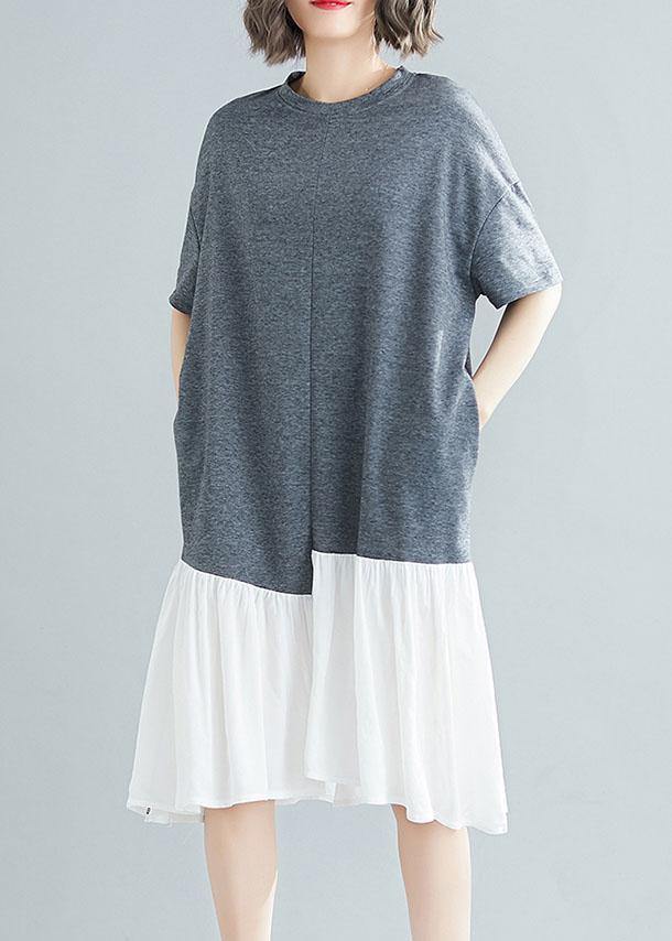 Unique Asymmetric Patchwork Cotton Tunic Shirts Gray Short Sleeve Traveling Dresses Summer