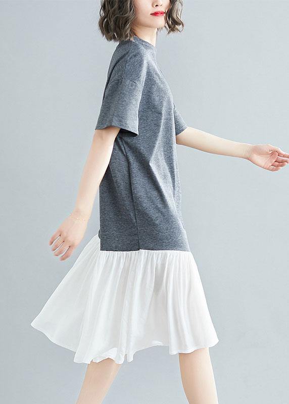 Unique Asymmetric Patchwork Cotton Tunic Shirts Gray Short Sleeve Traveling Dresses Summer
