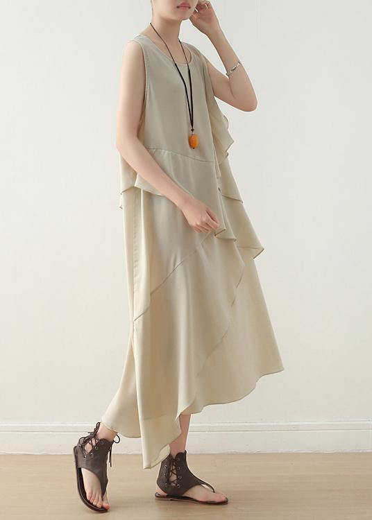 Unique Beige Sleeveless Chiffon Tunic Top Layered Maxi Summer Dress