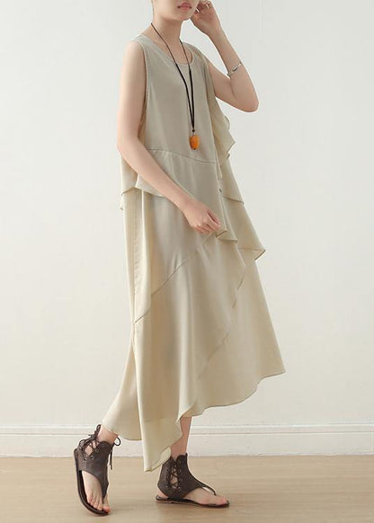 Unique Beige Sleeveless Chiffon Tunic Top Layered Maxi Summer Dress