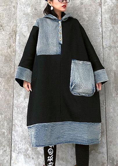 Unique Black Cotton Tunics Hooded Pockets Cotton Dress