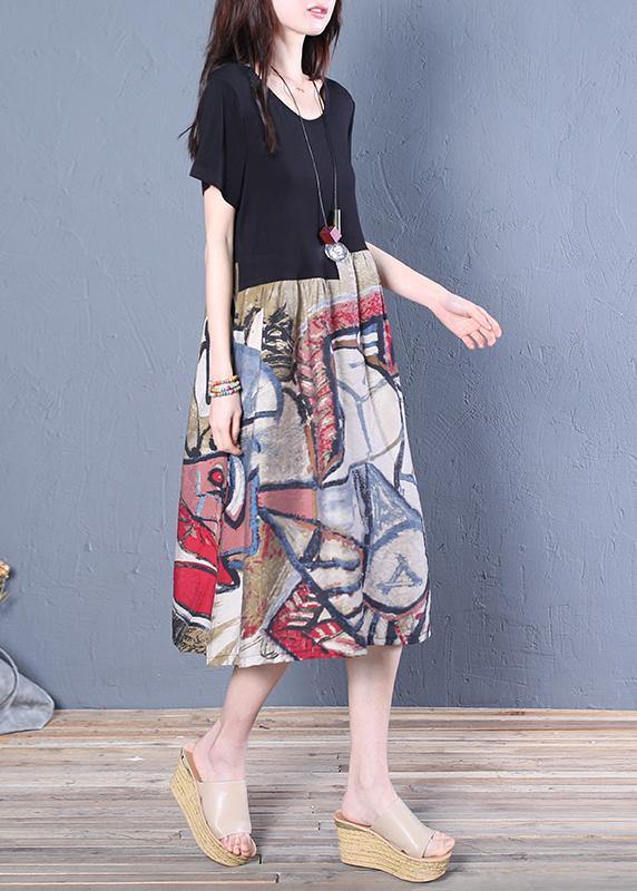 Unique Black Cotton Tunic Pattern O Neck Patchwork Midi Dresses