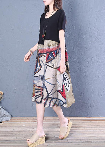 Unique Black Cotton Tunic Pattern O Neck Patchwork Midi Dresses