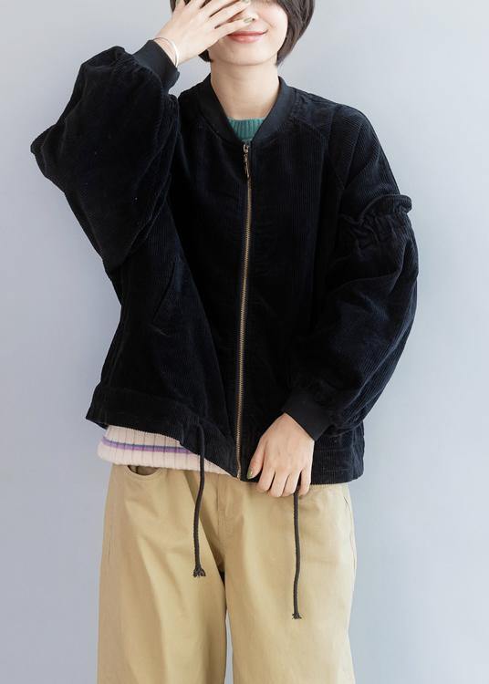 Unique Black Tunic Coat Wardrobes Drawstring Hem Ruffles Outwear