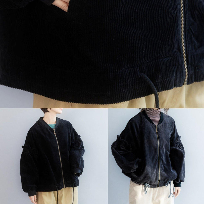 Unique Black Tunic Coat Wardrobes Drawstring Hem Ruffles Outwear