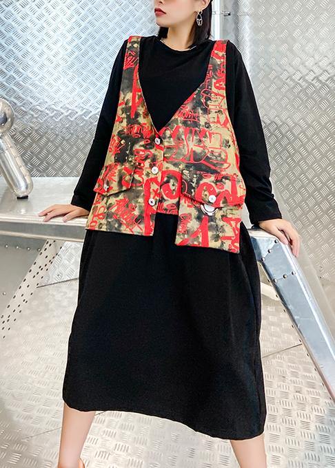 Unique Black Letter Clothes O Neck Two Pieces Long Dress