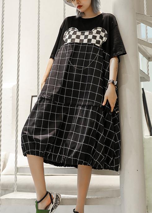 Unique Black Plaid Cotton Wardrobes Patchwork O Neck Art Summer Dresses
