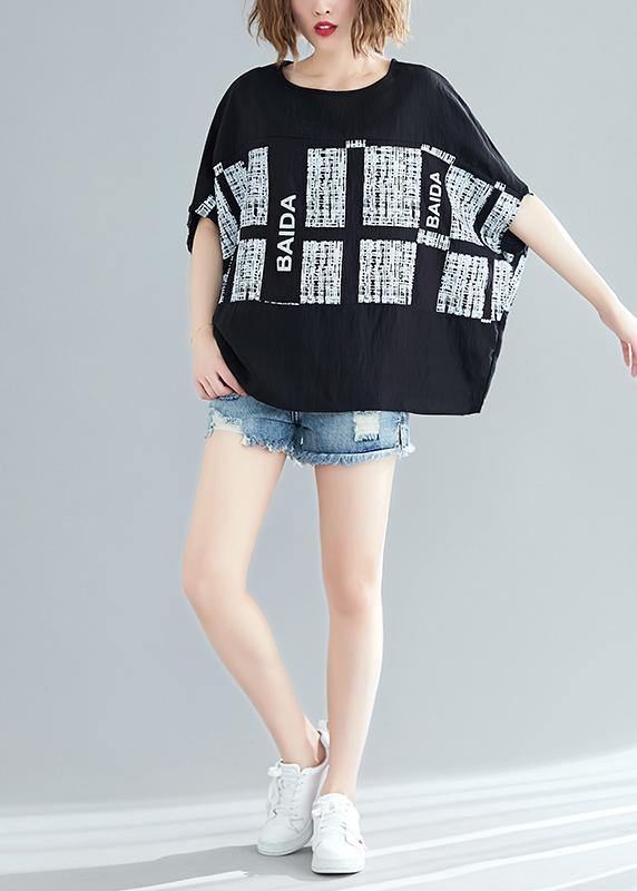 Unique Black Plaid Cotton Blouse Organic Inspiration O Neck Batwing Sleeve Summer Blouse