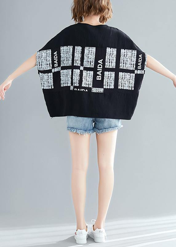 Unique Black Plaid Cotton Blouse Organic Inspiration O Neck Batwing Sleeve Summer Blouse