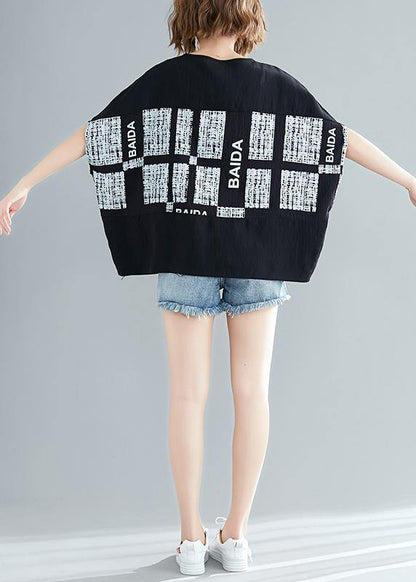 Unique Black Plaid Cotton Blouse Organic Inspiration O Neck Batwing Sleeve Summer Blouse