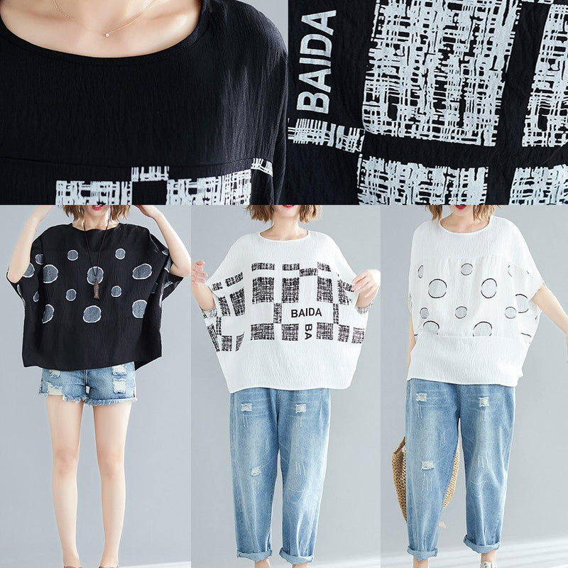 Unique Black Plaid Cotton Blouse Organic Inspiration O Neck Batwing Sleeve Summer Blouse